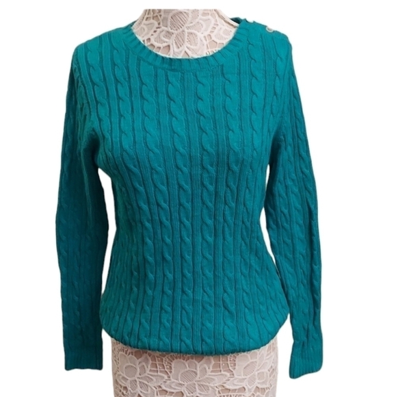 LANDS END Green Cable Knit Long Sleeve Sweater - Picture 1 of 12